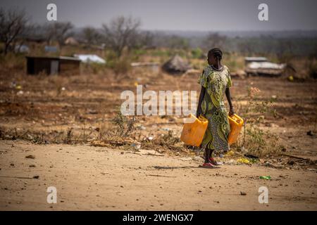 Juba, South Sudan. 26th Jan, 2024. A woman walks along the road with cans of water. Credit: Michael Kappeler/dpa/Alamy Live News Stock Photo