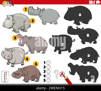 Cartoon illustration of finding the right shadows to the pictures educational activity with hippos animal characters Stock Vector
