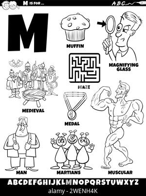 Cartoon illustration of objects and characters set for letter M coloring page Stock Vector