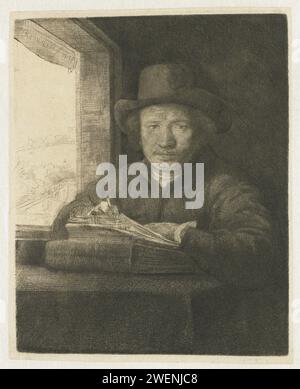 Self-Portrait Etch at A Window, Rembrandt van Rijn, 1648 print   Japanese paper etching / drypoint Stock Photo