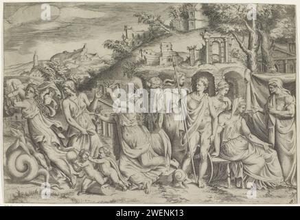 Jason in Medea, Giulio Bonasone, 1501 - 1580 print Four scenes from the story of Medea. On the right Creüsa, the bride of Jason, sitting in front of her father Creon. Behind Creüsa is a soldier. To the left next to the soldier, Creüsa collapses, due to the pain of the burns she received from the mantle that Medea had given her. To the left of Creüsa is Medea with her two children. On the far left, Medea is on a car that is drawn by dragons. She holds one of her children over her shoulder, whom she will later kill. In the background the Forum Romanum.  paper etching / engraving Medea. Medea kil Stock Photo