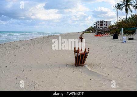 wood trash container in varadero beach sand, varadero, cuba Stock Photo
