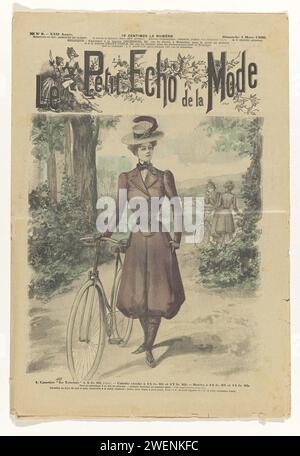 The fashion for the small newspaper: Supplement, nr. 9, 12th year: Sunday March 4, 1900: 1. Boat 'The Tourist' ....., 1905  Cover of La Mode du Petit Journal: Supplement, Dimanche 4 Mars 1900: Woman with bicycle by hand, dressed in bicycle costume, consisting of puff pants (Culotte Cloche) and a Boléro. Straw hat called 'Le Touriste', the prices are mentioned. La Mode du Petit Journal was the weekly fashion supplement at La Petit Journal, a Paris weekly newspaper that appeared between 1836 and 1944.  paper  fashion plates. ensembles of pieces of clothing (TWO PIECE SUIT) (+ women's clothes). c Stock Photo