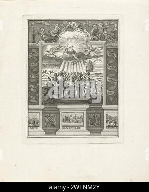 Zinnsprent on the peace of Hubertusburg, February 15, 1763, Anonymous, 1763 print Allegory on the peace of Hubertusburg, February 15, 1763, which ended the seven -year war. Allegorical representation in which the bandsmagans of the warring parties take the oath on the altar of peace. In the clouds the peace and putti.  paper etching swearing an oath (with two fingers raised). signing of peace treaty, concluding the peace Stock Photo