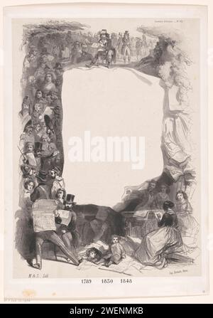 Frame with reading people and soldiers, M&L, After Jean Baptiste Madou, 1848 - 1880 print At the top of the frame, a man sits backwards on a chair with a newspaper or magazine in his hands. At the bottom of two newspapers, men and women read. On the right the frame consists of piles of paper and books.  paper  reading. newspaper, news-sheet. book. private soldier Stock Photo