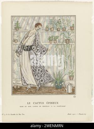 Gazette du Bon tone, 1921 - No. 9: The thorny cactus / evening dress, garnished with lace 'A la Maréchale', Paul Zenker, 1921  Standing woman in a glass garden house with cacti. She is wearing an evening gown from Crêpe and Kant, trimmed with fur. Her dress stays on a cactus with the hem. Planche 65 from Gazette du Bon Ton 1921, No. 9. Explanation about the clothing on page 'Explication des planches horstexte. Contenues dance le Numéro 9.  paper letterpress printing fashion plates. dress, gown: evening dress (+ women's clothes). lace (+ women's clothes). plants and herbs: cactus. greenhouse, o Stock Photo