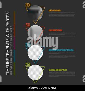 A template depicting a modern timeline infographic with placeholders for photos and descriptive text for each year. Vertical timeline template with da Stock Vector