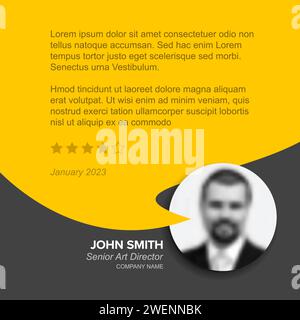 Simple dark and yellow minimalistic client user customer testimonial review card layout template with photo placeholder and sample, message in yellow Stock Vector