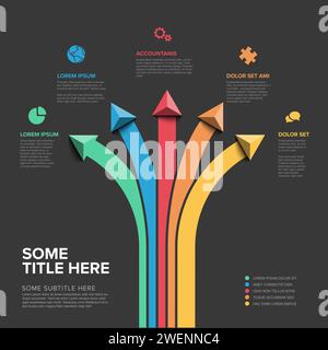 A professionally designed infographic featuring colorful arrows and associated text boxes. Each arrow is paired with different text areas. Multipurpos Stock Vector