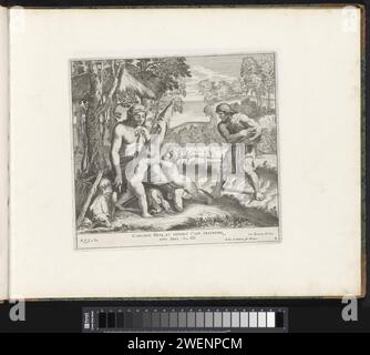 Adam and Eva after the fall, Cesare Fantetti, After Rafaël, 1675 print Adam and Eva with Cain and Abel working in a landscape. Bible verse under the show. Print is part of an album.  paper etching the labours of Adam and Eve; infancy of Cain and Abel (Genesis 4:1-2) Stock Photo