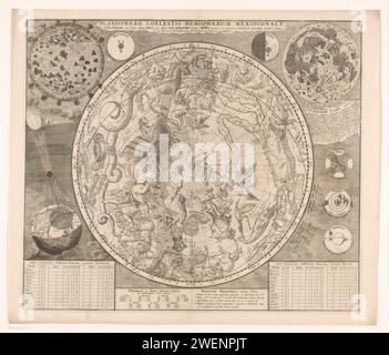 Hemelaart with the southern constellations, Anonymous, c. 1706 print Hemelaart with the southern constellations, according to the traditional layout of Ptolemyus and his followers. At the top left a representation of the surface of the sun, at the top right of the moon. To also see the map Mercury, Venus, Mars, Jupiter and Saturn. Below an image of the solar eclipse of 12 May 1706. Under tables with notes about distances and locations of stars and planets.  paper engraving / etching zodiac; the twelve zodiacal signs together. star-chart, star map. sun as celestial body. full moon. solar eclips Stock Photo