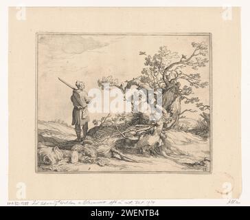 Vista with a knotty, distorted tree, Frederick Bloemaert, after Abraham Bloemaert, after 1635 print In the foreground a large knotty, twisted tree from which flowering branches grow. On the left, a hunter with rifle looks at the birds.  paper etching landscapes. trees Stock Photo