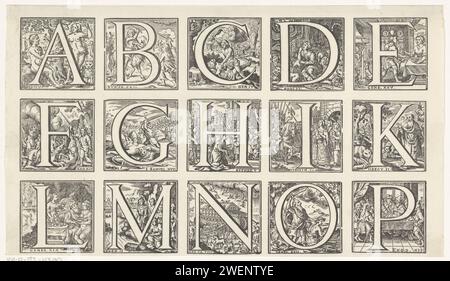Alphabet in a frame with performances from the Old Testament, Jan Christoffel Jegher, 1628 - 1667 print Alphabet in a frame with performances of stories from the Old Testament, including Adam and Eva in Paradise, David and Goliat, the Ark of Noah and the sacrifice of Isaac.  paper  Adam and Eve in paradise (before the Fall). David beheads Goliath with a sword. the embarkation of the ark. Abraham picks up the knife to kill Isaac Stock Photo