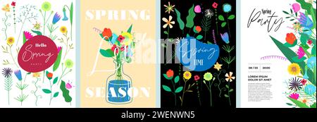 Hello spring abstract flowers poster. Floral hand drawn art march women holiday placard set. Springtime artistic print. Banner with summer blooms. Herbal plants postcard. Vector eps illustration Stock Vector