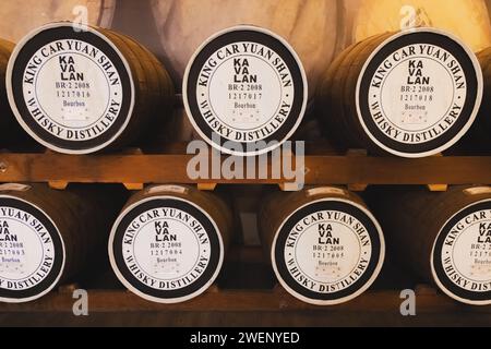 Yuanshan, Republic of China - October 2, 2023: Oak casks or barrels used for whisky storage in the cellar of the Kavalan Whisky Distillery, a popular Stock Photo