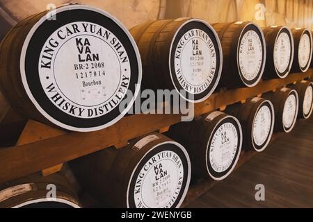 Yuanshan, Republic of China - October 2, 2023: Oak casks or barrels used for whisky storage in the cellar of the Kavalan Whisky Distillery, a popular Stock Photo