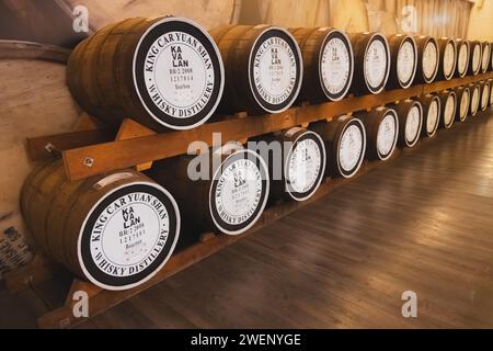 Yuanshan, Republic of China - October 2, 2023: Oak casks or barrels used for whisky storage in the cellar of the Kavalan Whisky Distillery, a popular Stock Photo