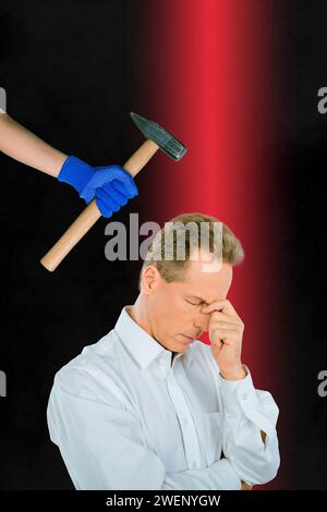 Photo image collage of sad unhappy moody guy solving problems suffering head pain pressure isolated on dark background Stock Photo