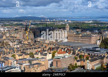 City centre of Edinburgh cityscape in Scotland, UK, view from above with rooftop of Wawerley Station. Stock Photo