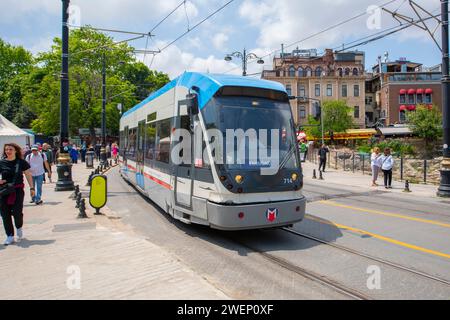 Istanbul Tram T1 line Bombardier Flexity Swift A32 on Divan Yolu Caddesi Avenue in Fatih near Sultanahmet Station in Istanbul, Turkey. Stock Photo