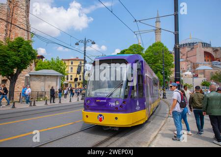 Istanbul Tram T1 line Bombardier Flexity Swift A32 on Divan Yolu Caddesi Avenue in Fatih near Sultanahmet Station in Istanbul, Turkey. Stock Photo