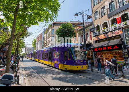 Istanbul Tram T1 line Bombardier Flexity Swift A32 on Divan Yolu Caddesi Avenue in Fatih near Sultanahmet Station in Istanbul, Turkey. Stock Photo