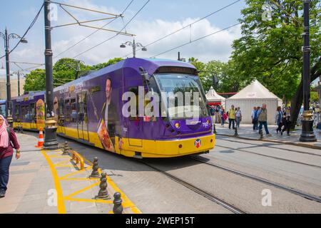 Istanbul Tram T1 line Bombardier Flexity Swift A32 on Divan Yolu Caddesi Avenue in Fatih near Sultanahmet Station in Istanbul, Turkey. Stock Photo