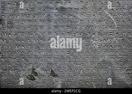 Cuneiform inscriptions on a stone displayed in Persepolis Museum, Iran. Stock Photo