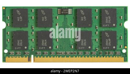 Laptop dimm memory module isolated on white. Close up of SODIMM designed primarily for notebook computers. Copenhagen, Denmark - January 16, 2024. Stock Photo