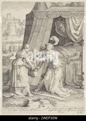Judit with the head of Holofernes, Jan Saenredam, After Lucas van Leyden, 1589 - 1607 print Judit and her servant puts the head of Holofernes in a case. His sword lies at her feet. Behind her is the body of Holofernes in bed. A shield with a man's face hangs above him. Left behind a castle. Under the show a two -line, Latin text with comments on the show and a text with an assignment.  paper engraving Judith and her maidservant put Holofernes' head in a sack Stock Photo