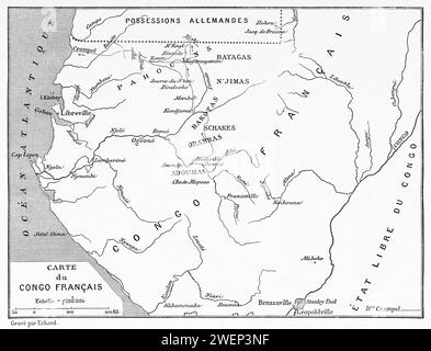 Old map of the French colony of the French Congo, Central Africa. In the land of the Fang, exploration trip in the north of the French Congo 1888 by Crampel (1864 - 1891) Stock Photo