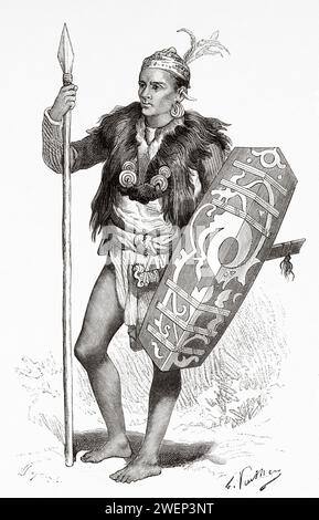 Dyak of Long Wai in war costume. Kalimantan. Borneo Island, Indonesia. From Koutei to Banjarmasin, a journey through Borneo by Carl Bock (1849 - 1932) Stock Photo
