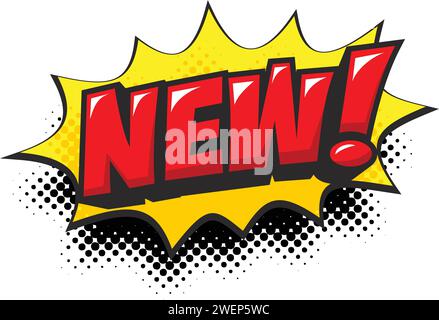 New! Comic speech bubble. Sale, promo, discount, arrival lettering element with sound effect of color phrase. Vector on transparent background Stock Vector