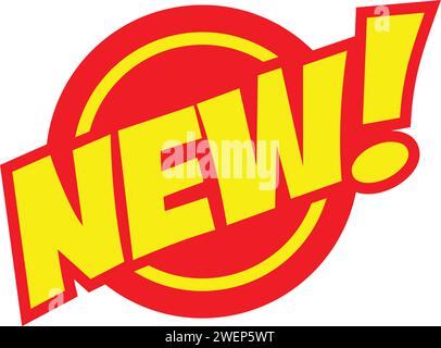 New! Comic speech bubble. Sale, promo, discount, arrival lettering element with target effect of color phrase. Vector on transparent background Stock Vector