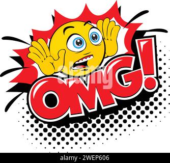 OMG speech bubble. Oh my god phrase. Hand drawn comic quote with smile emoji. Print on shirt, card, poster etc. Vector on transparent background Stock Vector