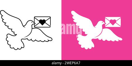 Carrier pigeon with valentine envelope. Mail delivery. Pigeon post. Cartoon Vector on transparent and pink background Stock Vector