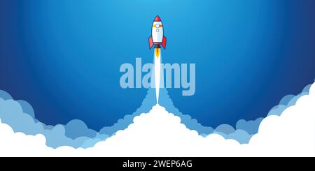 Rocket launch in blue sky. Startup vector background.  Concept of business product on market, startup, growth, creative idea. Stock Vector