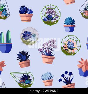Cute summer theme with seamless pattern of succulents in florariums. Beautiful and delicate pastel colors. Pattern with various cacti and succulents i Stock Vector