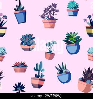 Cute summer theme with seamless pattern of succulents in florariums. Beautiful and delicate pastel colors. Pattern with various cacti and succulents i Stock Vector