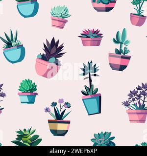 seamless pattern with various succulents and house plants, cacti and florariums. Illustration for textiles and wrapping paper. Stock Vector