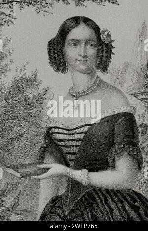 Adelgunde of Bavaria (1823-1914). Duchess consort of Modena and Reggio (1846-1859) by her marriage to Francesco V (1819-1875), Duke of Modena and Reggio. Portrait. Drawing by C. Legrand. Lithography by J. Donón. Detail. 'Reyes Contemporáneos' (Contemporary Kings). Volume II. Published in Madrid, 1852. Stock Photo