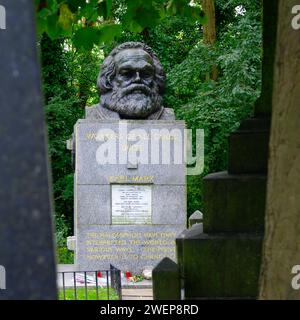 London: Am Grab von Karl Marx. - Blick auf die monumentale Grabstätte von Karl Marx 1818 - 1883 auf dem Highgate-Friedhof in London. Auf dem Sockel, d Stock Photo