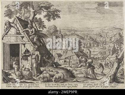 Petrus as good shepherd, Anonymous, After Johann Sadeler (I), After Hans Bol, 1570 - 1601 print Peter as a good shepherd leads the herd of sheep into the stable, the roof of which is repaired by two angels. In the background a hilly landscape with a church and some farmhouses. Under the performance in the margin a six -line text in Latin.  paper engraving the good shepherd (Christ) defending his sheep against wolves; 'I am the good shepherd' (John 10:1-16). shepherd with sheep or lamb on his shoulders Stock Photo