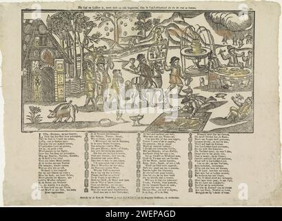 That is lazy and tasty, must travel on a journey, to live in Luilekkerland as the rest, 1761 - 1804 print Leaf with a large representation of the Luilekkerland. Under the show a long poem in four columns. Numbered at the top right: No. 51.  paper letterpress printing Land of Cockaigne Stock Photo