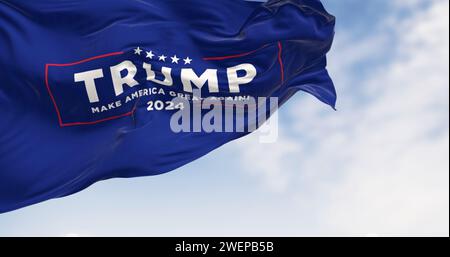 Arlington, US, OCT. 21 2023: Donald Trump election campaign flag waving on a clear day. 2024 US presidential election. Illustrative editorial 3d illus Stock Photo