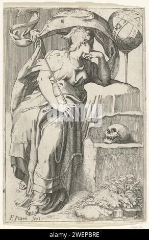 Astrologie, anonymous, after Parmigianino, 1520 - 1590 print Personification of astrology. A woman sitting on a rock and tied a staff around it in her hand. Next to her a sphere with the constellations and a skull. A copy in mirror image.  paper etching / drypoint 'Astrology' (Ripa) Stock Photo