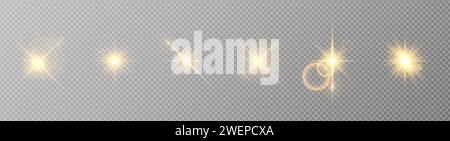 Shining golden light effects on a transparent gray background. A collection of various glowing sparks, stars. Stock Vector