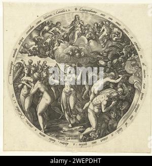 The blessed are separated from the cursed, 1575 - 1579 print Round show of the archangel Michael who sends the souls of the righteous to heaven and the souls of those who have lived badly to hell. At the very top of the performance Christ troning in heaven in the midst of a crowd of saints (including Mary) and angels. To the show Bible texts in Latin. This print is part of a series of four round prints with last judgment scenes.  paper engraving division of the blessed and the damned  Last Judgement Stock Photo