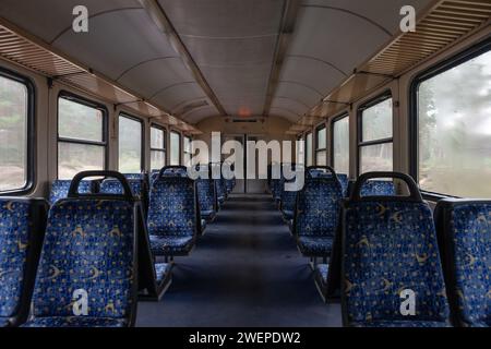 Picture of a typical seat from a refurbished European train,, en route in Riga, Latvia, Europe, in a regional EMU train. Stock Photo