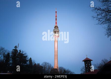 Avala tower, or Avala toranj, seen from below. It is a TV tower and broadcasting antenna in the suburbs of Belgrade, Serbia. Stock Photo